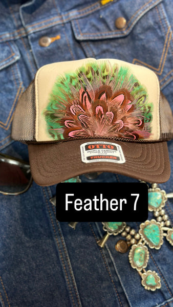 BROWN AND TAN FEATHER TRUCKER HAT