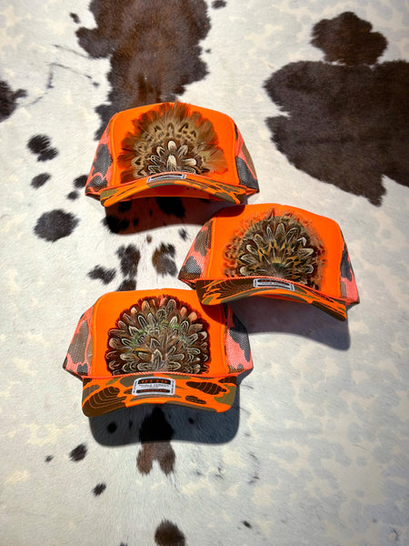 ORANGE CAMO CAMOUFLAGE FEATHER TRUCKER HAT