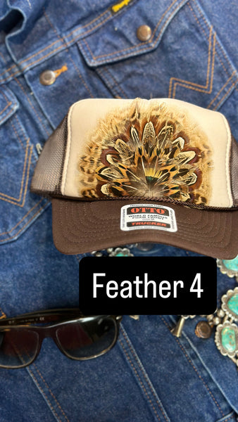 BROWN AND TAN FEATHER TRUCKER HAT