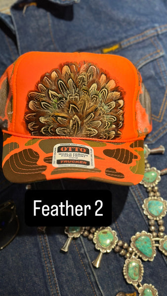 ORANGE CAMO CAMOUFLAGE FEATHER TRUCKER HAT