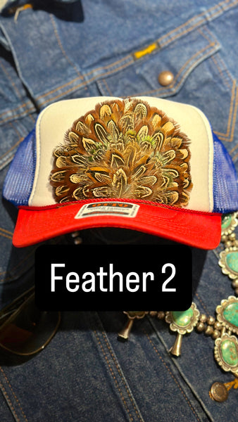 RED WHITE AND BLUE FEATHER TRUCKER HAT