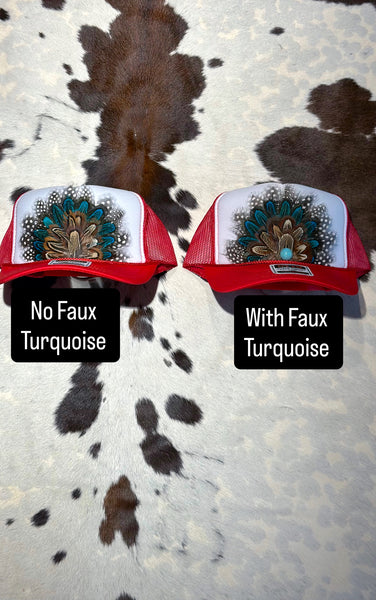 RED AND WHITE FEATHER TRUCKER HAT