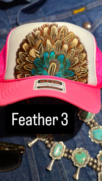 HOT PINK AND WHITE FEATHER TRUCKER HAT