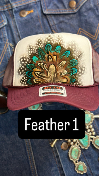 BURGUNDY AND WHITE FEATHER TRUCKER HAT