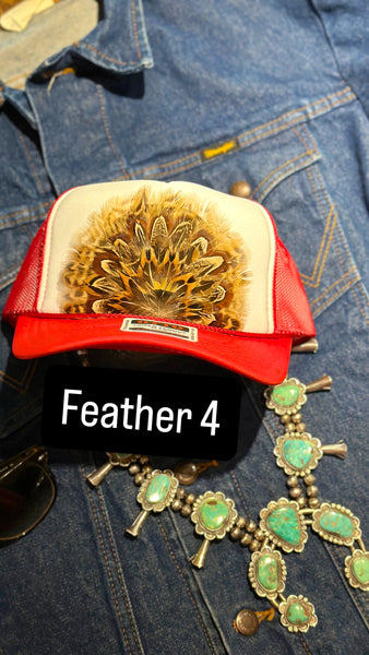 RED AND WHITE FEATHER TRUCKER HAT
