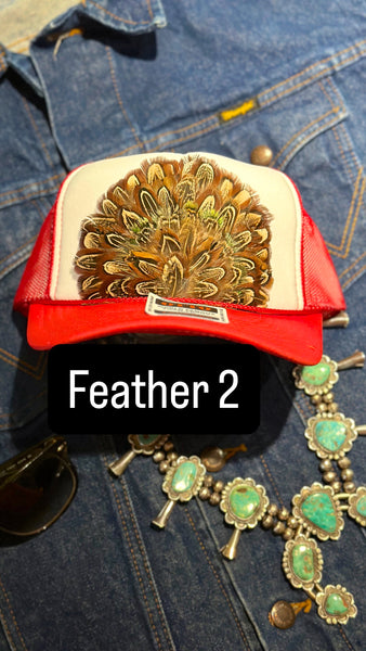 RED AND WHITE FEATHER TRUCKER HAT
