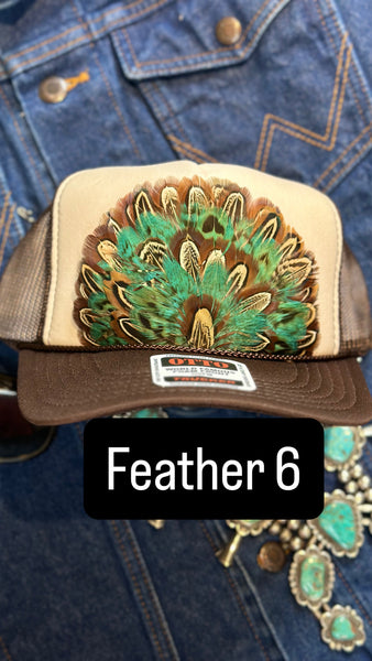 BROWN AND TAN FEATHER TRUCKER HAT