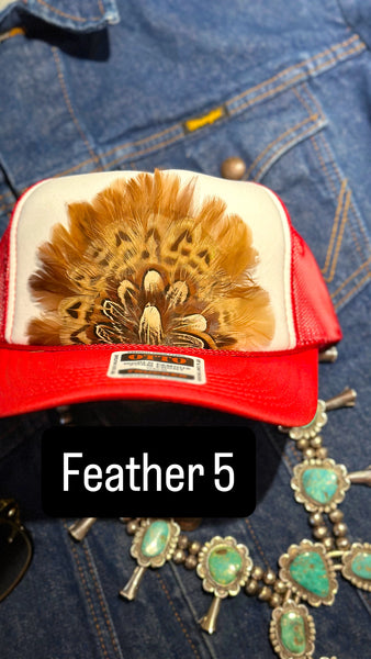 RED AND WHITE FEATHER TRUCKER HAT