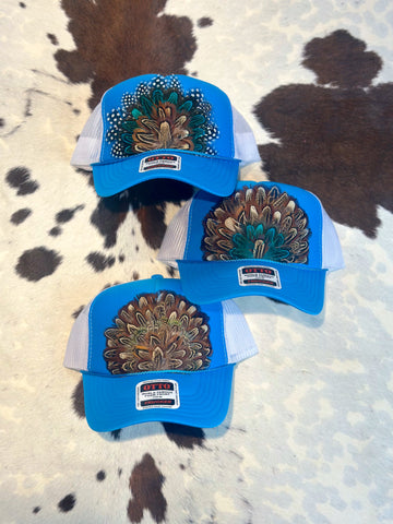 BLUE AND WHITE FEATHER TRUCKER HAT