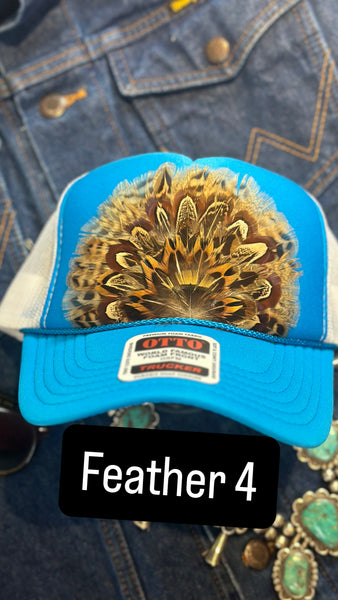 BLUE AND WHITE FEATHER TRUCKER HAT
