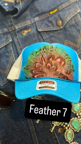 BLUE AND WHITE FEATHER TRUCKER HAT
