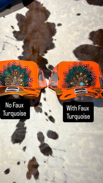 ORANGE CAMO CAMOUFLAGE FEATHER TRUCKER HAT