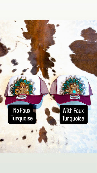 BURGUNDY AND WHITE FEATHER TRUCKER HAT