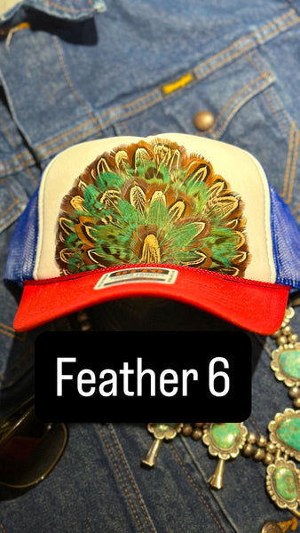 RED WHITE AND BLUE FEATHER TRUCKER HAT