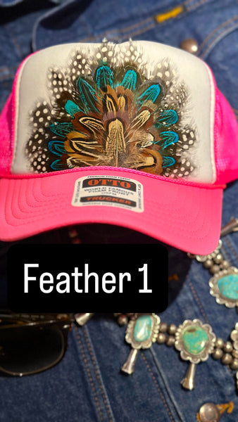 HOT PINK AND WHITE FEATHER TRUCKER HAT