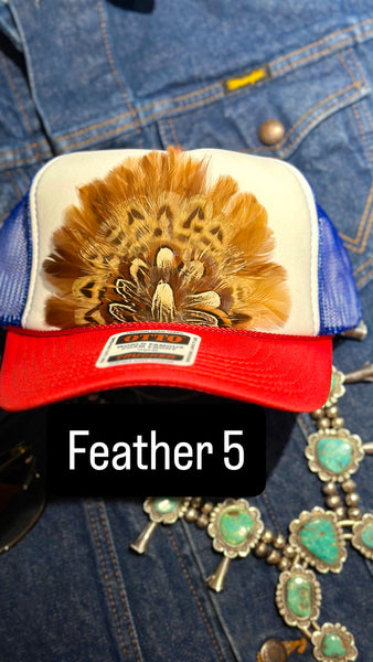 RED WHITE AND BLUE FEATHER TRUCKER HAT