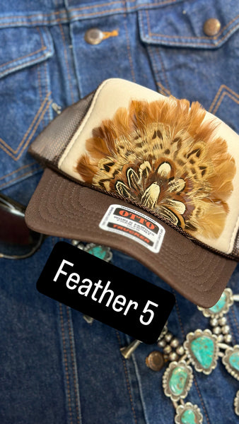BROWN AND TAN FEATHER TRUCKER HAT