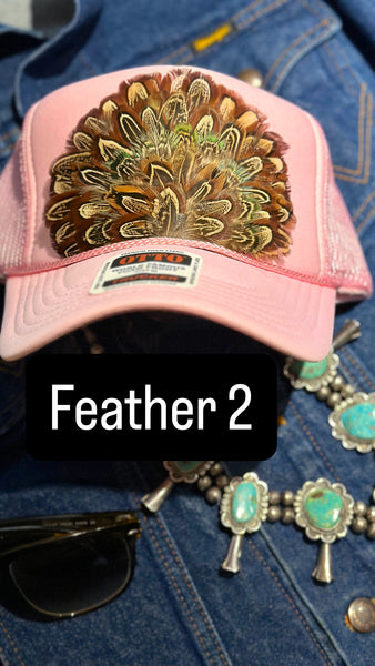 LIGHT PINK FEATHER TRUCKER HAT