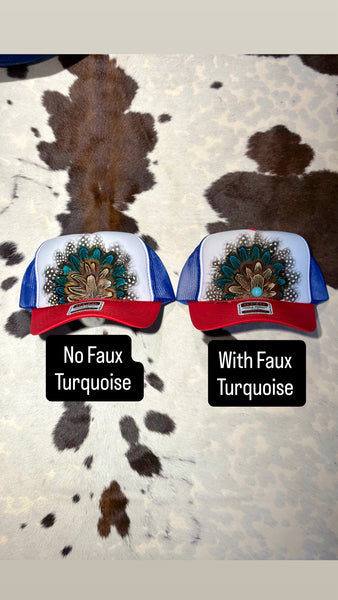 RED WHITE AND BLUE FEATHER TRUCKER HAT