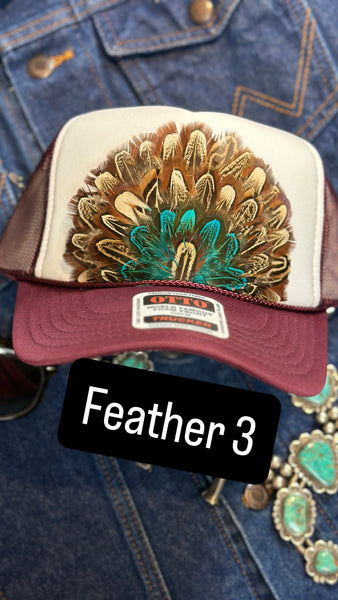 BURGUNDY AND WHITE FEATHER TRUCKER HAT
