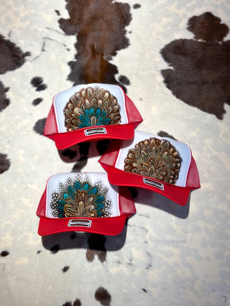 RED AND WHITE FEATHER TRUCKER HAT