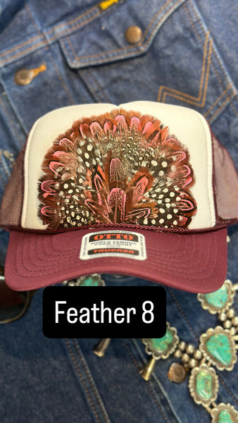 BURGUNDY AND WHITE FEATHER TRUCKER HAT