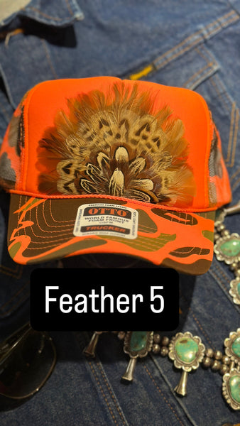 ORANGE CAMO CAMOUFLAGE FEATHER TRUCKER HAT