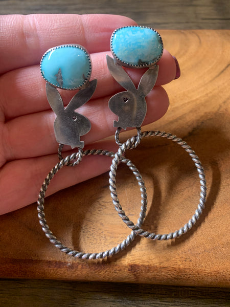 BUNNY HOOP EARRINGS WITH WHITE WATER TURQUOISE AND MADE FROM 9.25 STERLING SILVER